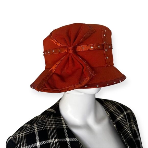 Vintage Milano New York Cloche Hat with Elegant Box Rhinestone Accents in Orange - Picture 1 of 8